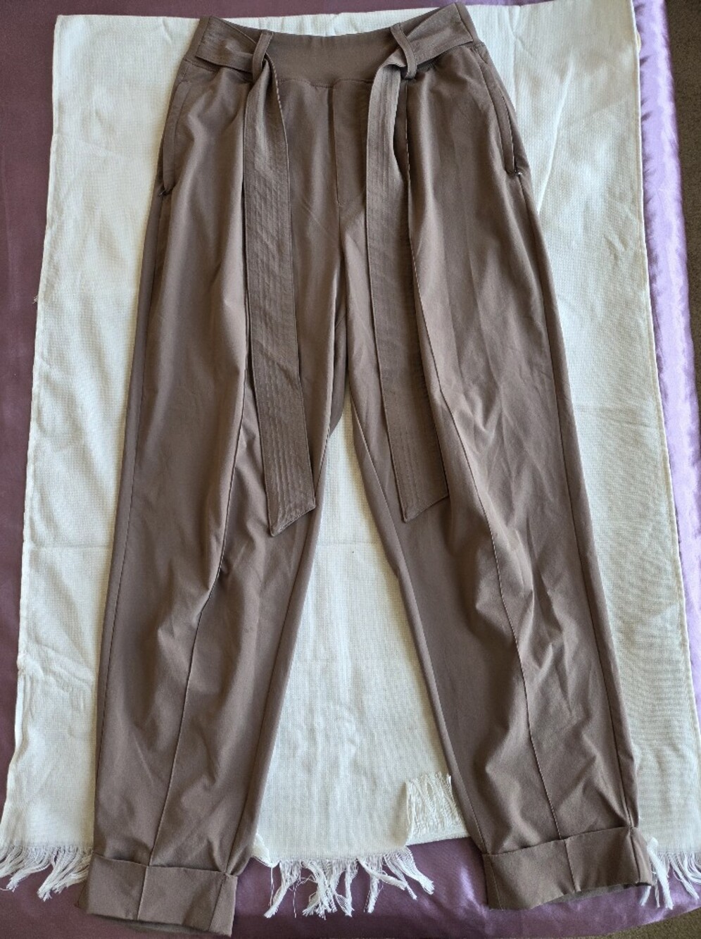 🤎 Athleta Brown Cardiff Belted Cuffed Pants 8 High Rise Paperbag Tie Waist Chic